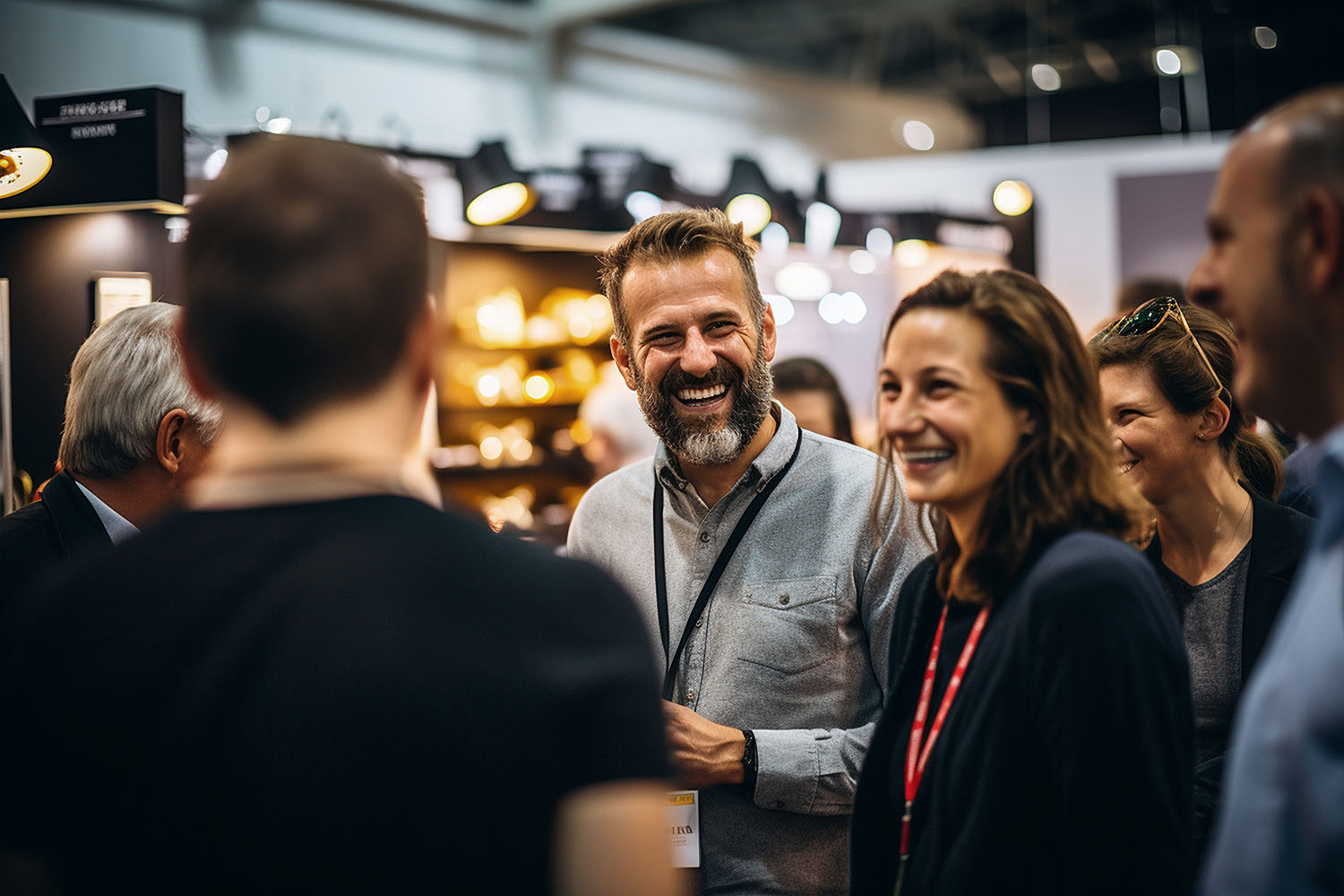 Close up picture of a happy and laughing staff or participant people group listening to a startup business owner at a trade show exhibition event. Generative AI.